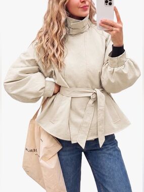 Belted Cream Trench Coat with Balloon Sleeves